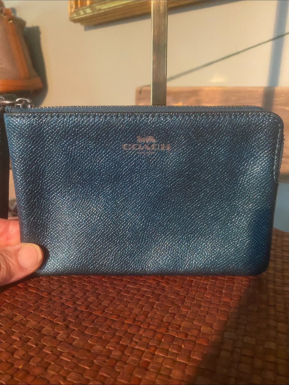 Coach Small Corner Zip Wristlet in a stunning Metallic Teal/Blue color